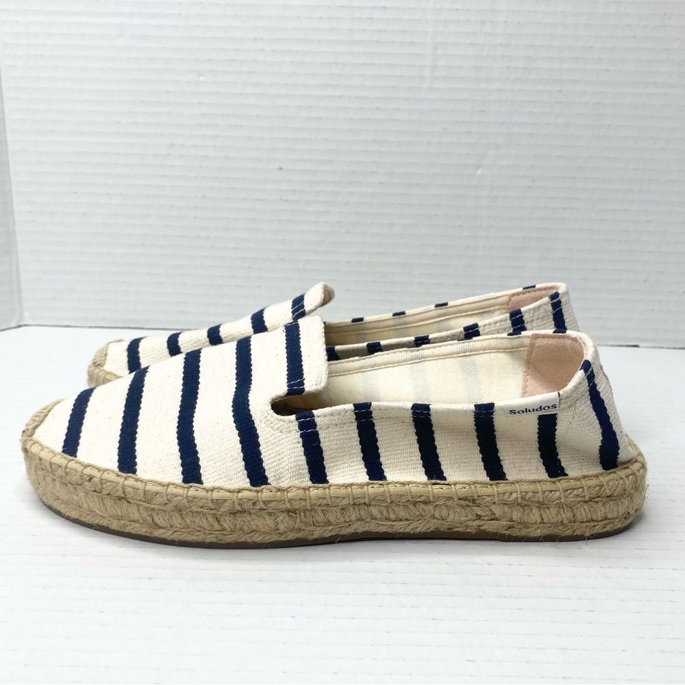 Soludos Womens 7.5 Stripe Smoking Slipper Canvas Shoes Espadrille Cream Navy - Picture 3 of 8